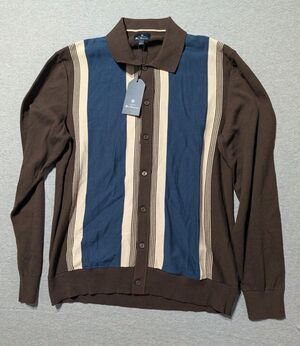 Ben Sherman Mens Large Long Sleeve Brown Striped Collared Cardigan Sweater Shirt
